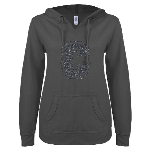  ENZA Womens Dark Heather V Notch Raw Edge Fleece Hoodie - F Graphite Soft Glitter