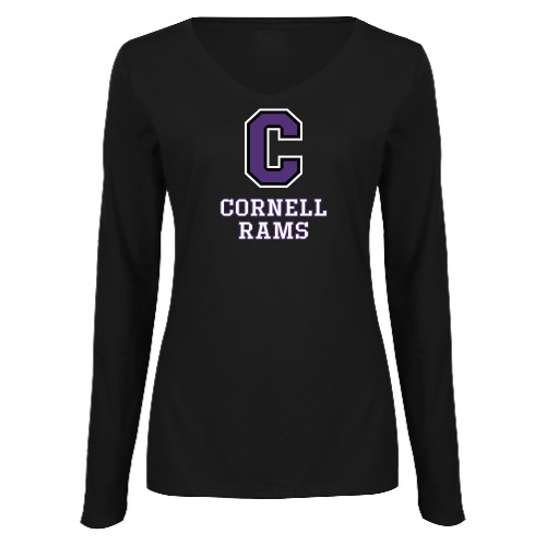  Womens Black Long Sleeve V Neck Tee  - Cornell Rams Stacked