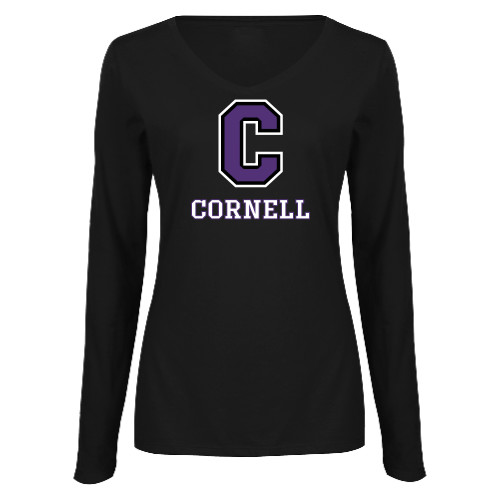  Womens Black Long Sleeve V Neck Tee  - Corell C Verticle