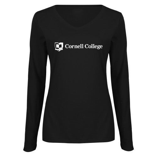  Womens Black Long Sleeve V Neck Tee  - Cornell College Logo