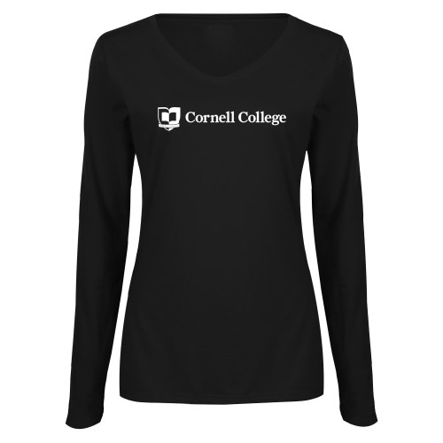  Womens Black Long Sleeve V Neck Tee  - Cornell College Logo