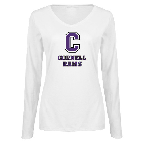  Womens White Long Sleeve V Neck Tee - Cornell Rams Stacked