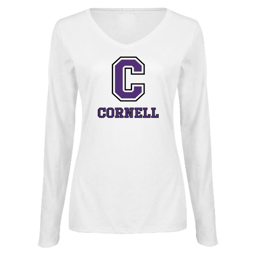  Womens White Long Sleeve V Neck Tee - Corell C Verticle