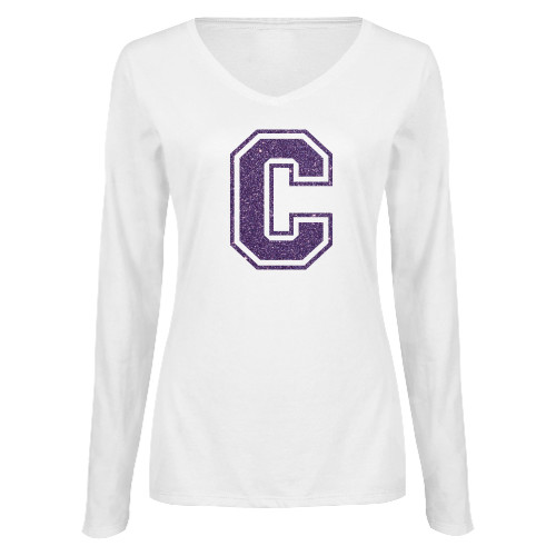  Womens White Long Sleeve V Neck Tee - I Purple Glitter