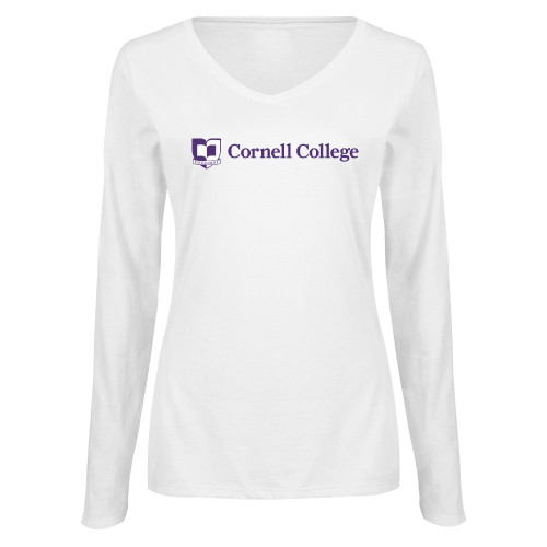  Womens White Long Sleeve V Neck Tee - Cornell College Logo