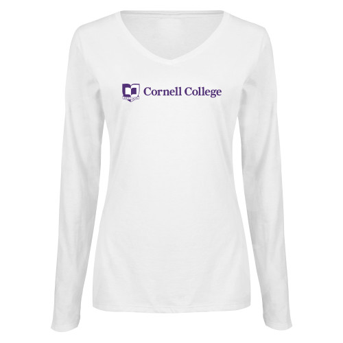  Womens White Long Sleeve V Neck Tee - Cornell College Logo