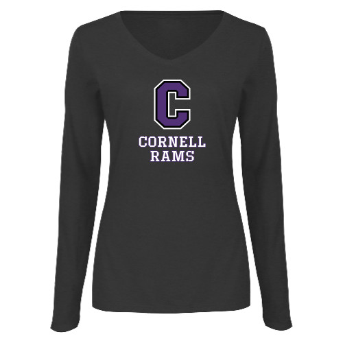  Womens Dark Heather Long Sleeve V Neck Tee  - Cornell Rams Stacked