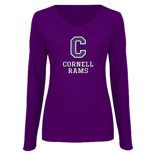  Womens Purple Long Sleeve V Neck Tee  - Cornell Rams Stacked
