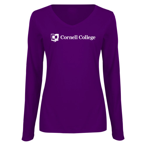  Womens Purple Long Sleeve V Neck Tee  - Cornell College Logo