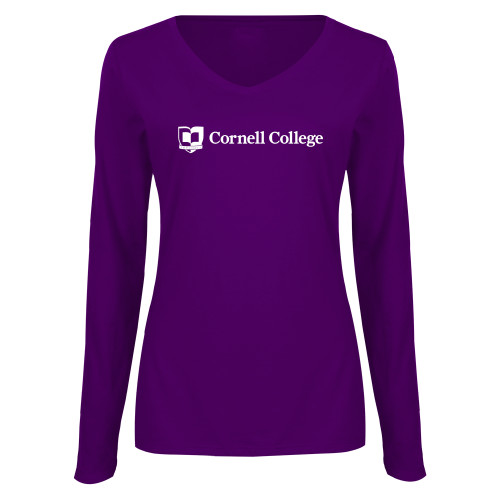  Womens Purple Long Sleeve V Neck Tee  - Cornell College Logo