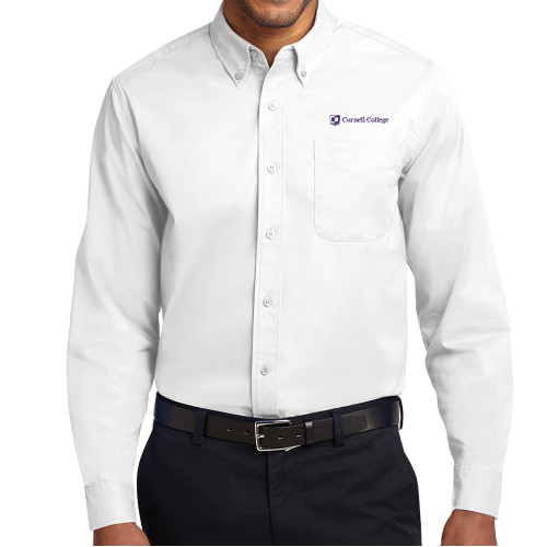  White Twill Button Down Long Sleeve - Cornell College Logo