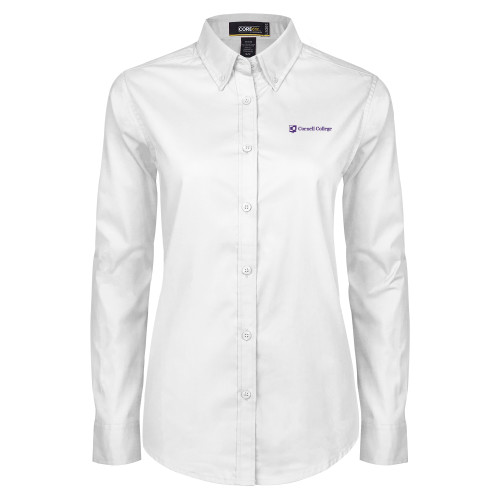  Womens White Twill Button Down Long Sleeve - Cornell College Logo