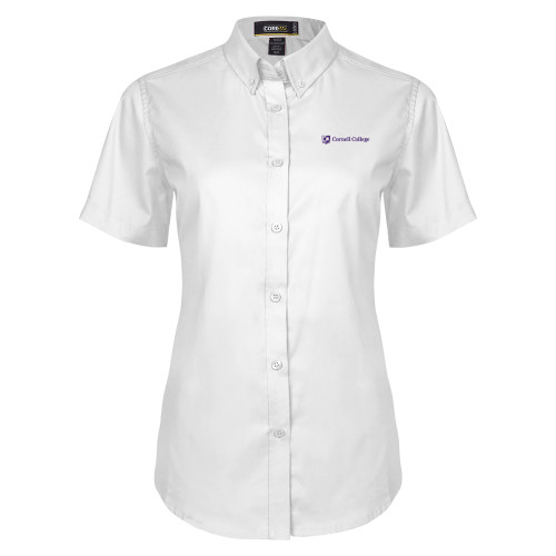  Womens White Twill Button Up Short Sleeve - Cornell College Logo