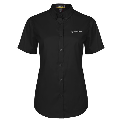  Womens Black Twill Button Up Short Sleeve - Cornell College Logo