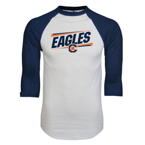  White/Navy Raglan Baseball T Shirt - Eagles Slanted w/ Logo