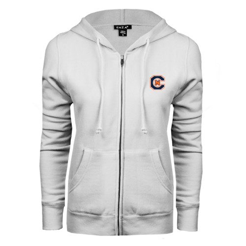  ENZA Womens White Fleece Full Zip Hoodie - Official Logo