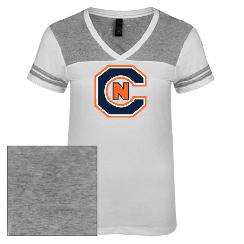  Womens White/Heather Grey Varsity V Neck Tee  - Official Logo