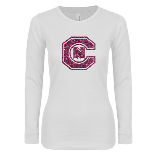  Womens White Long Sleeve V Neck Tee - Official Logo Pink Glitter