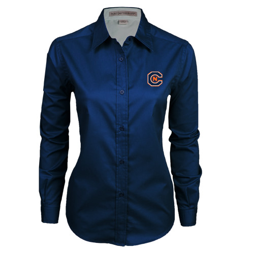  Womens Navy Twill Button Down Long Sleeve  - Official Logo