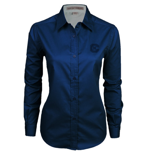  Womens Navy Twill Button Down Long Sleeve  - Official Logo