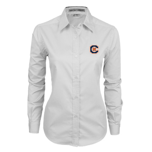  Womens White Twill Button Down Long Sleeve - Official Logo