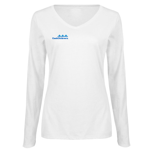 Womens White Long Sleeve V Neck Tee 