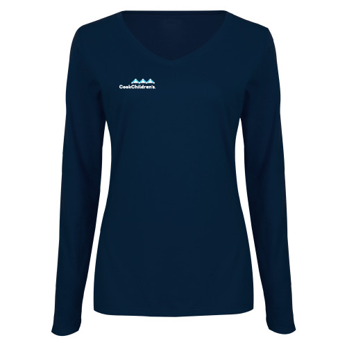 Womens Navy Long Sleeve V Neck Tee 
