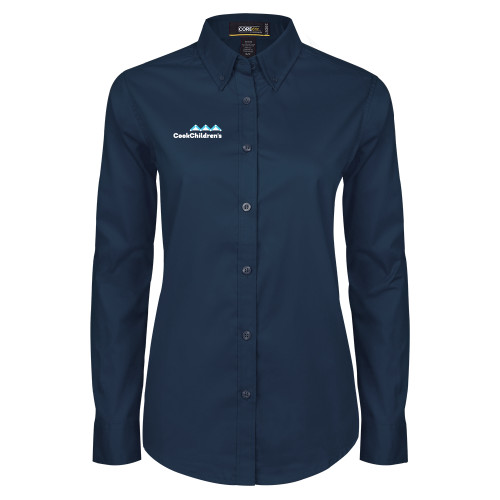 Womens Navy Twill Button Down Long Sleeve 