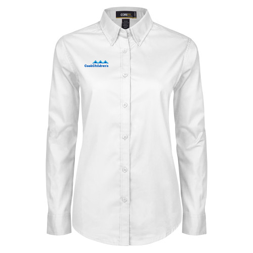 Womens White Twill Button Down Long Sleeve
