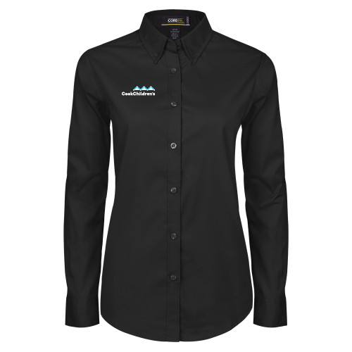 Womens Black Twill Button Down Long Sleeve 