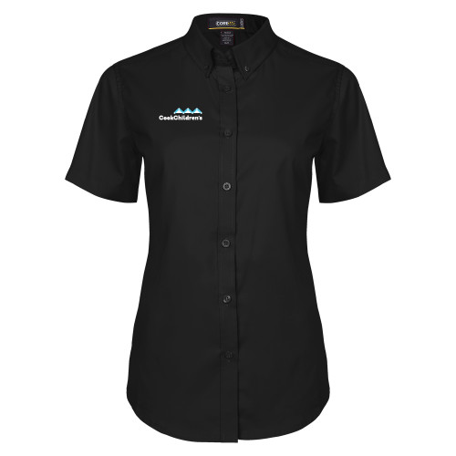 Womens Black Twill Button Up Short Sleeve