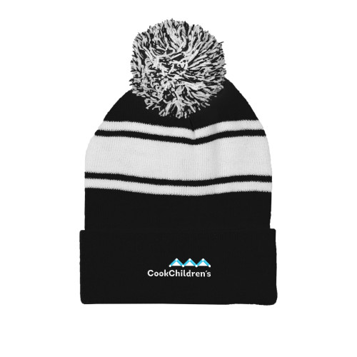 Black/White Two Tone Knit Pom Beanie w/Cuff