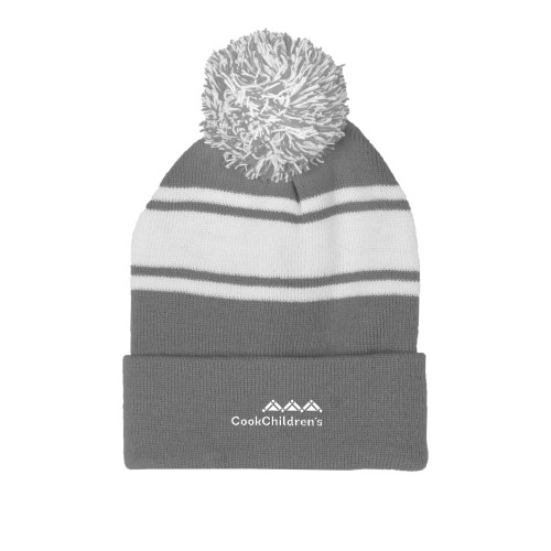 Grey/White Two Tone Knit Pom Beanie w/Cuff