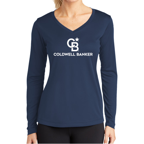Womens Navy Performance Long Sleeve V Neck Shirt-Monogram Vertical Single