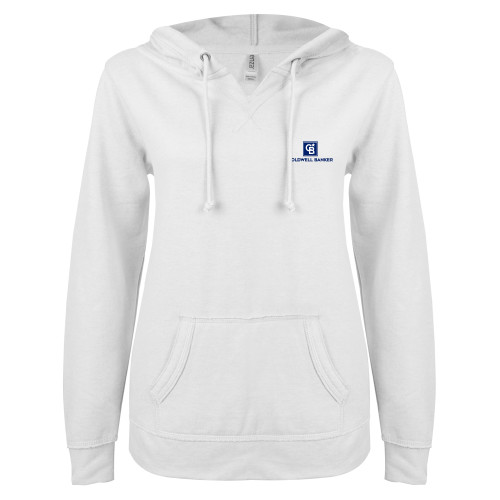 ENZA Womens White V Notch Raw Edge Fleece Hoodie-Framed Vertical Single