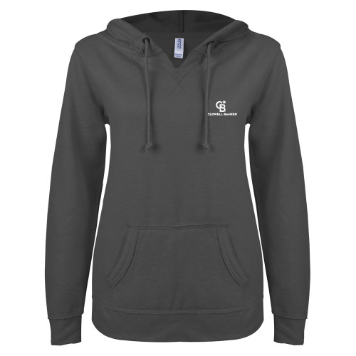 ENZA Womens Dark Heather V Notch Raw Edge Fleece Hoodie-Monogram Vertical Single