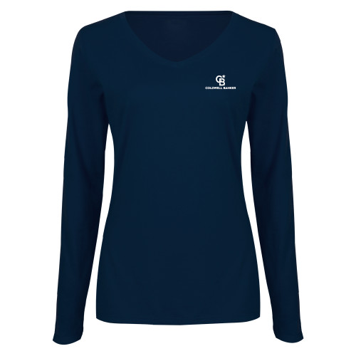 Womens Navy Long Sleeve V Neck Tee-Monogram Vertical Single
