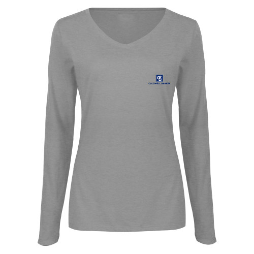 Womens Grey Long Sleeve V Neck Tee -Framed Vertical Single