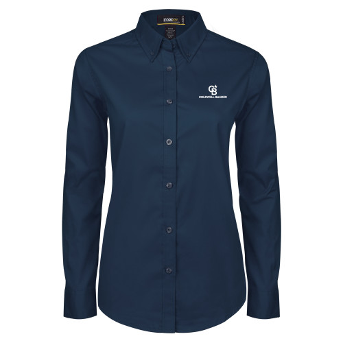 Womens Navy Twill Button Down Long Sleeve -Monogram Vertical Single