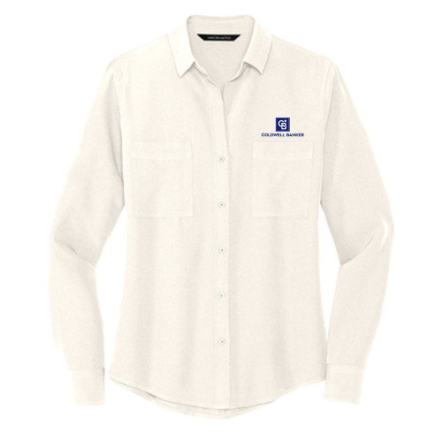 Mercer + Mettle Womens Ivory Crepe Long Sleeve Camp Blouse-Framed Vertical Single