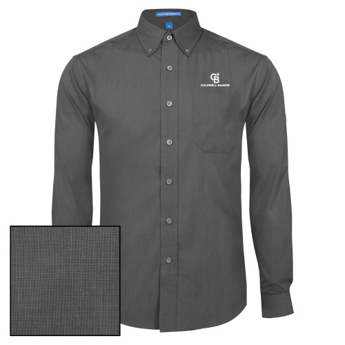Dark Charcoal Poplin Crosshatch Long Sleeve Button Down-Monogram Vertical Single