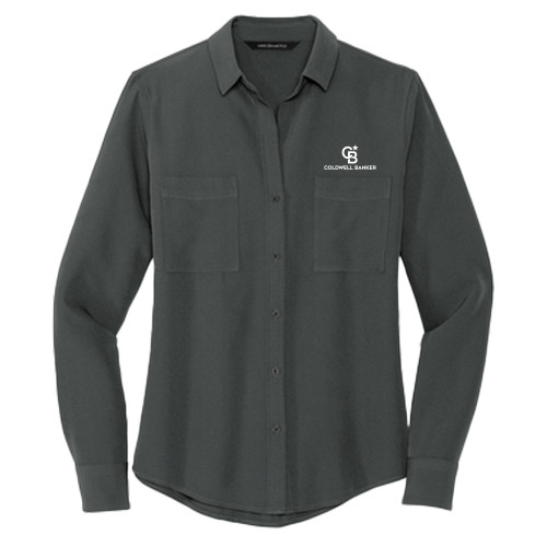 Mercer + Mettle Womens Grey Crepe Long Sleeve Camp Blouse-Monogram Vertical Single