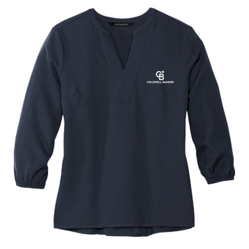 Mercer + Mettle Womens Navy 3/4 Sleeve Crepe Blouse-Monogram Vertical Single