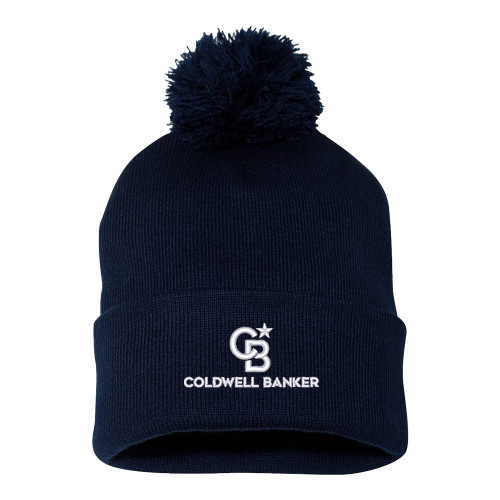 Sportsman Navy Pom Pom Cuffed Beanie-Monogram Vertical Single