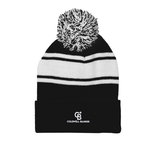 Black/White Two Tone Knit Pom Beanie w/Cuff-Monogram Vertical Single