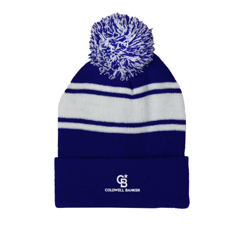 Royal/White Two Tone Knit Pom Beanie w/Cuff-Monogram Vertical Single