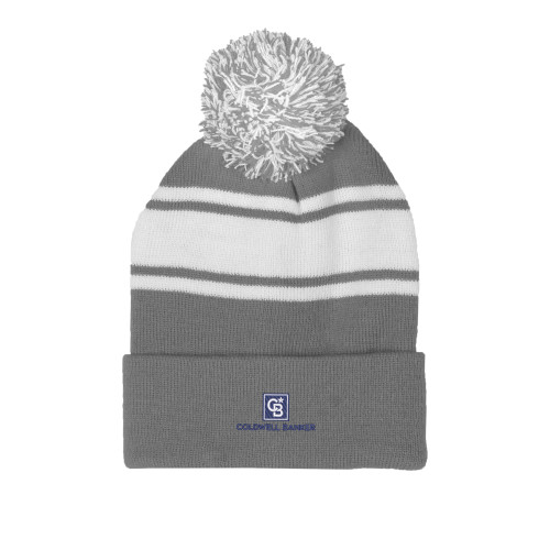 Grey/White Two Tone Knit Pom Beanie w/Cuff-Framed Vertical Single
