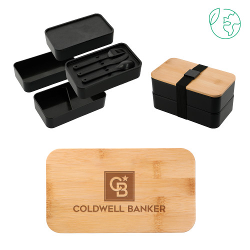 Stackable Bamboo Fiber Black Bento Box-Framed Vertical Single Engraved