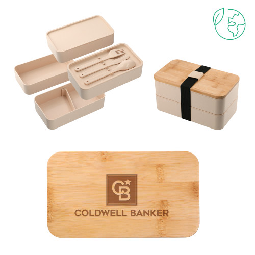 Stackable Bamboo Fiber Beige Bento Box-Framed Vertical Single Engraved