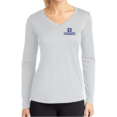 Womens White Performance Long Sleeve V Neck Shirt-Coldwell Banker Commercial